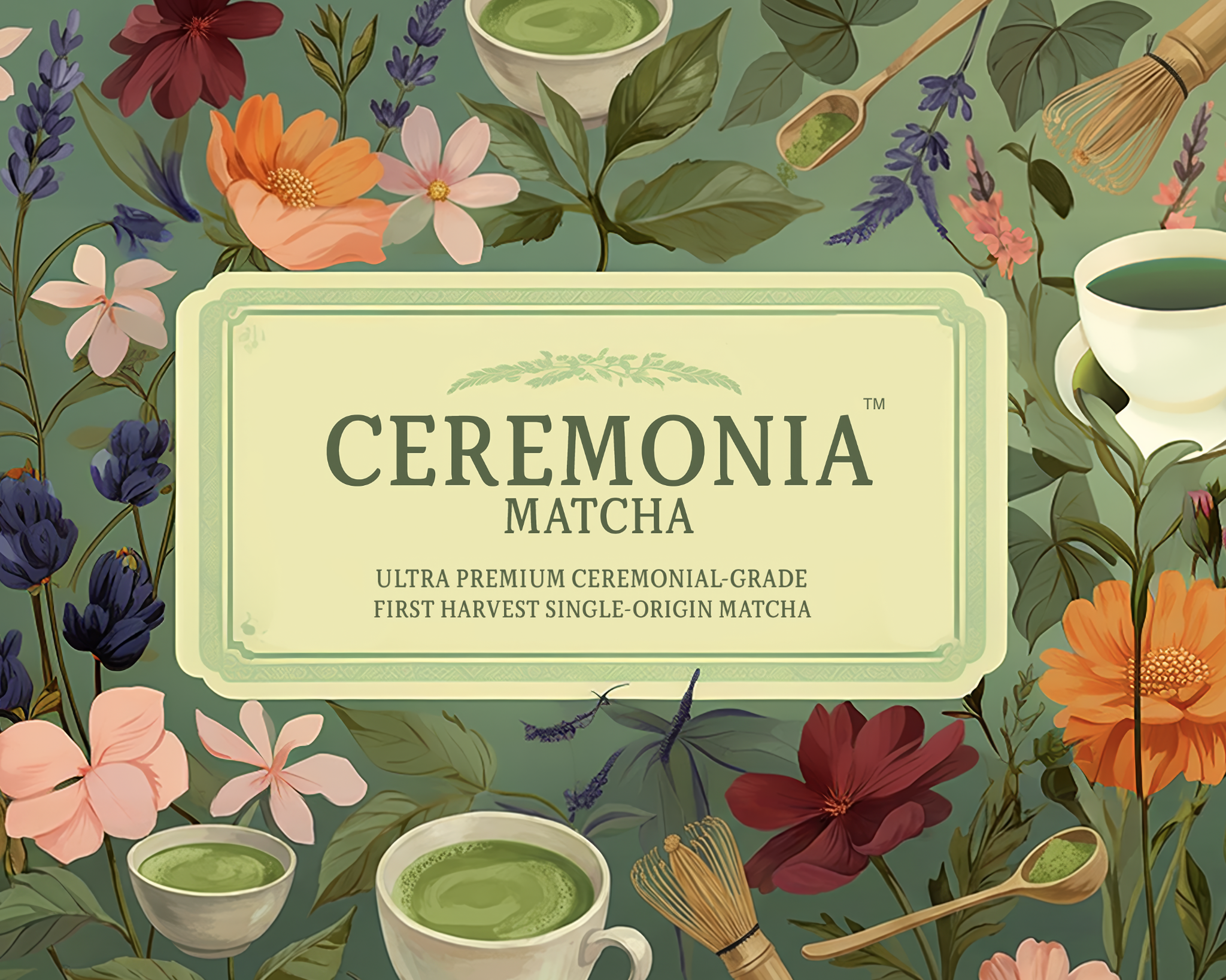 Ceremonia Matcha botanical artwork, with flowers, tea leaves, bowls and bamboo whisks