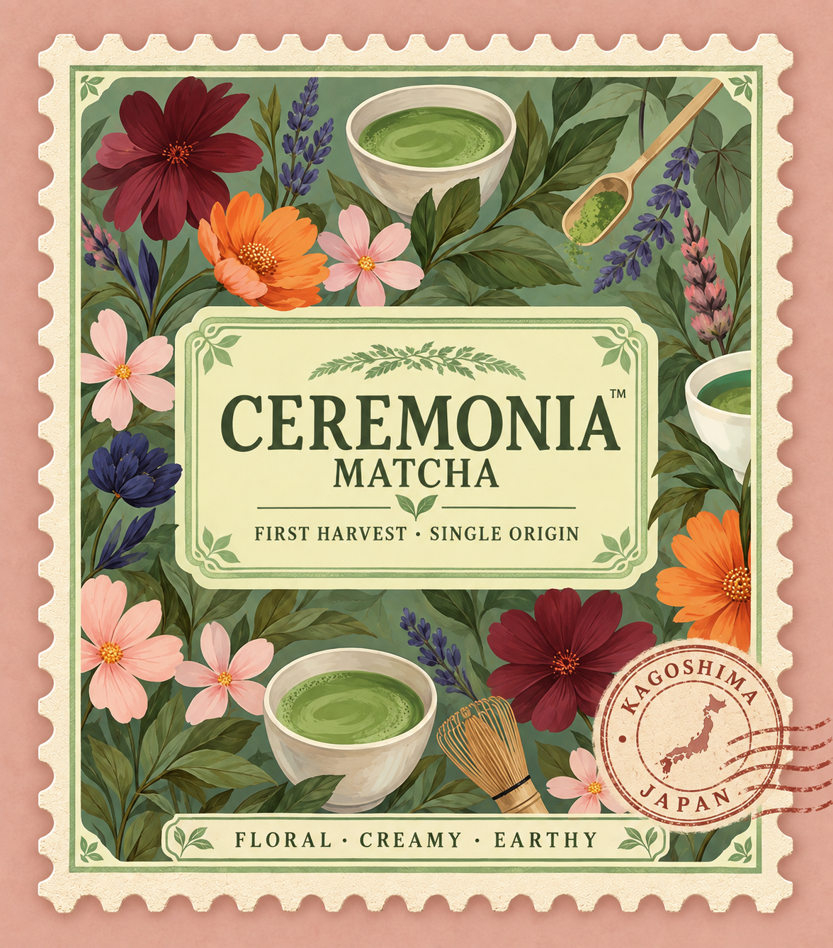 Ceremonia Matcha botanical postage stamp with painted flowers, tea leaves, matcha bowls and a Kagoshima, Japan postmark on pink