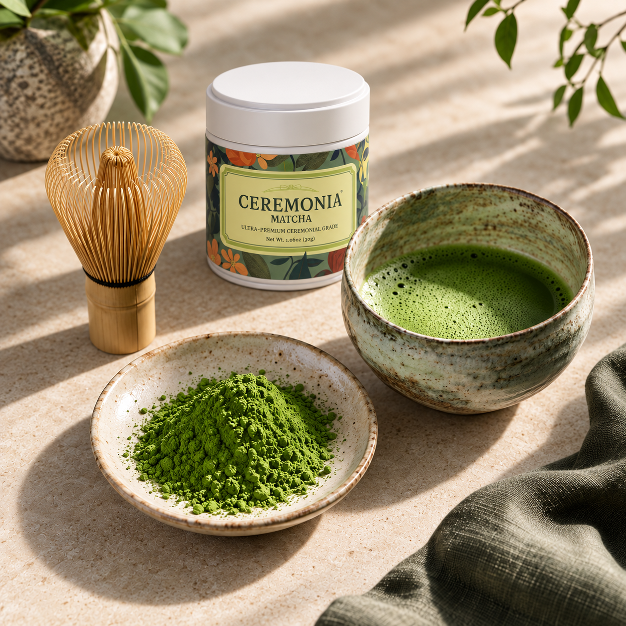 Ceremonia Matcha canister with vibrant green matcha powder, a bamboo whisk, and a ceramic bowl of freshly whisked matcha